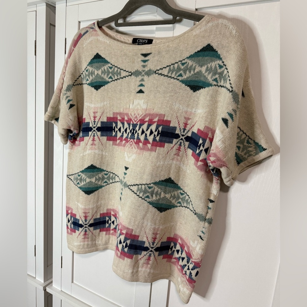Chaps Denim Aztec Southwestern Knit Top Short Sleeve Boho Womens Large